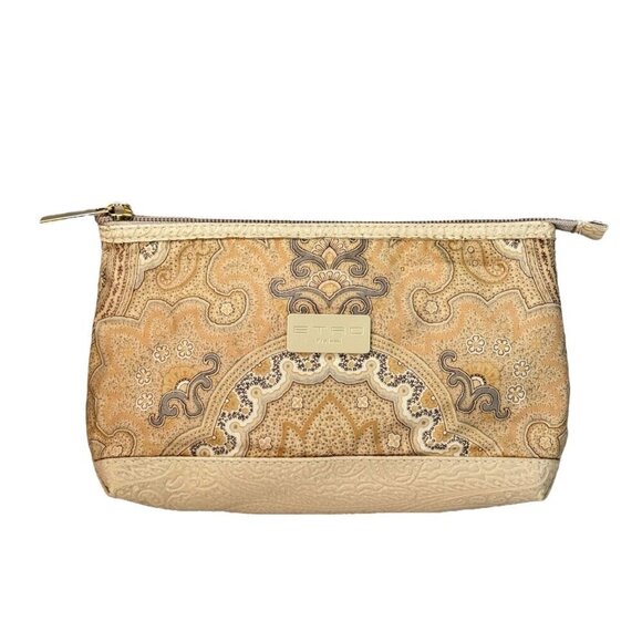 ETRO Cosmetic Make Up Bag Beige Tan Paisley Embossed Faux Leather - Picture 2 of 10